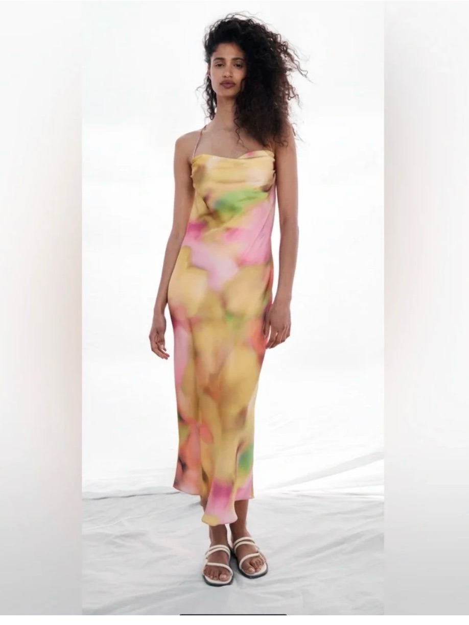 Zara Watercolor Slip Maxi Dress In Yellow, Pink And Green